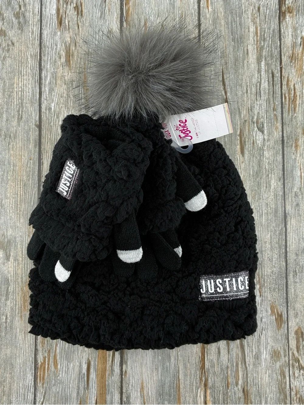 Justice Girls Beanie With Pom Pom & Gloves Winter Set
